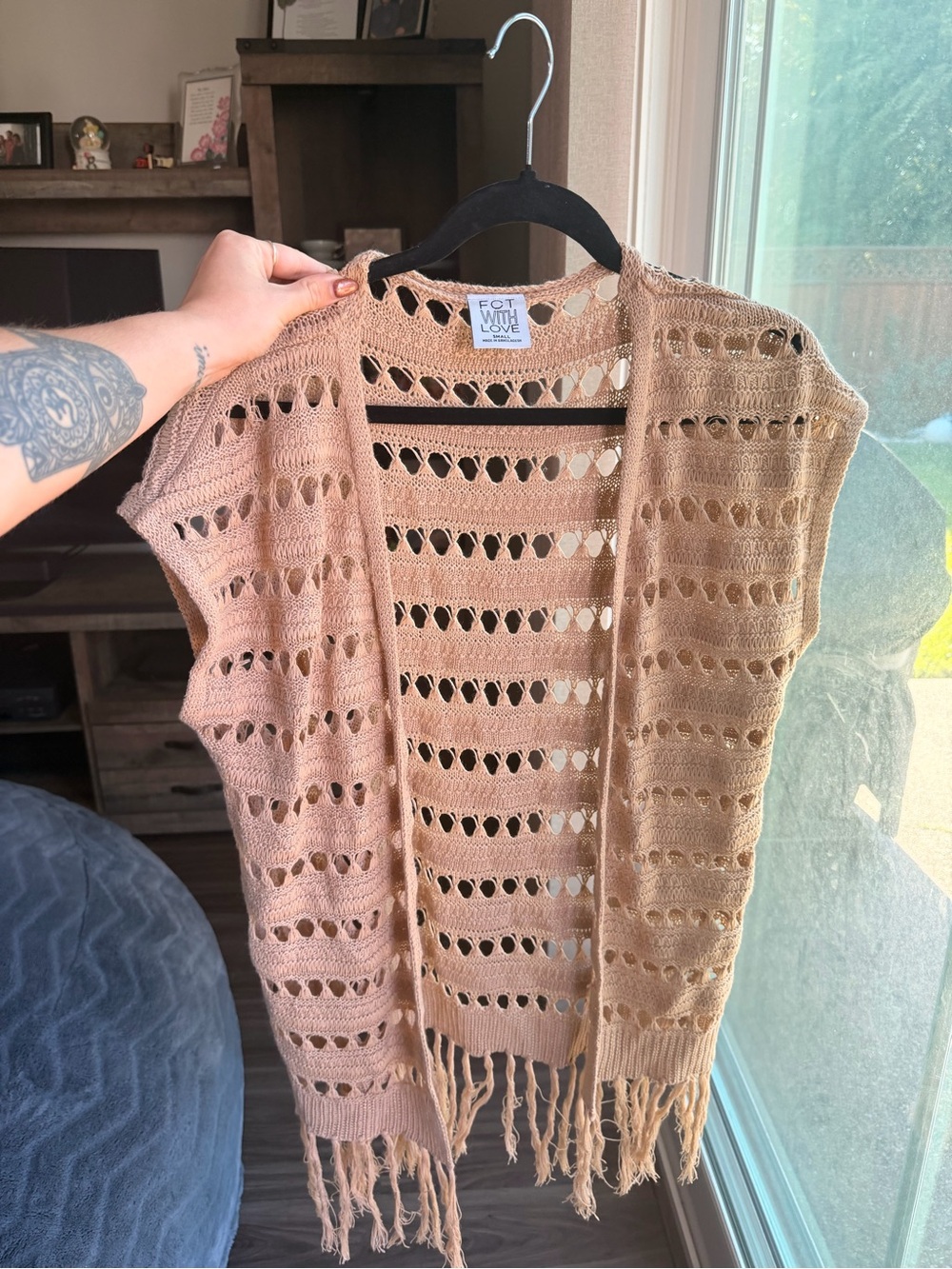 Open-Knit Fringe Beige Vest